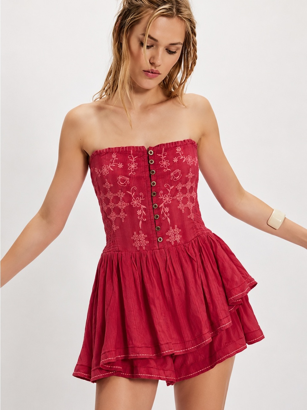 Marley Free People Pink Floral Embroidered Strapless Romper